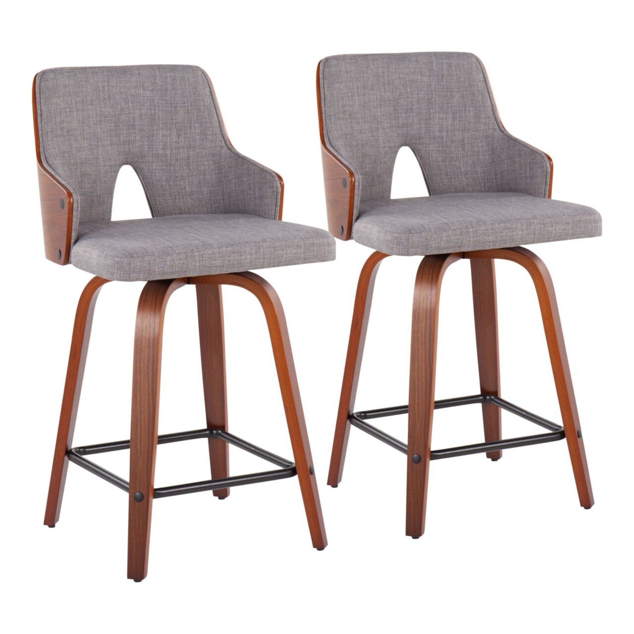 Lumisource Stella Mid-Century Modern Counter Stool In Walnut And Light Grey Fabric - Set Of 2